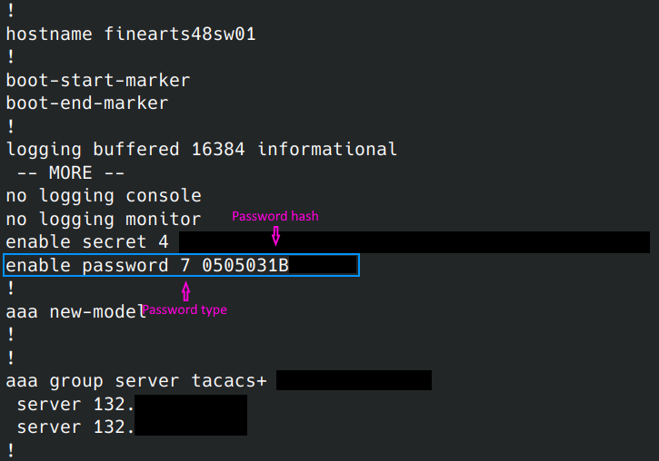 Enable password location in switch configuration